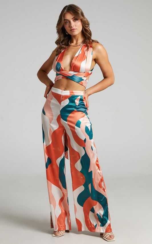 Angeline Retro Wide Leg Pants in Tonal Wave