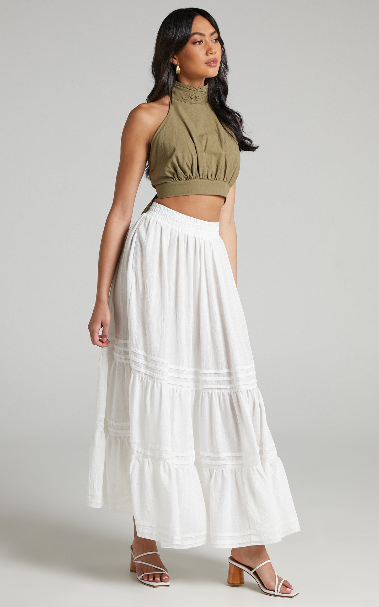 Angelita Pin Tuck Detail Tiered Maxi Skirt in White