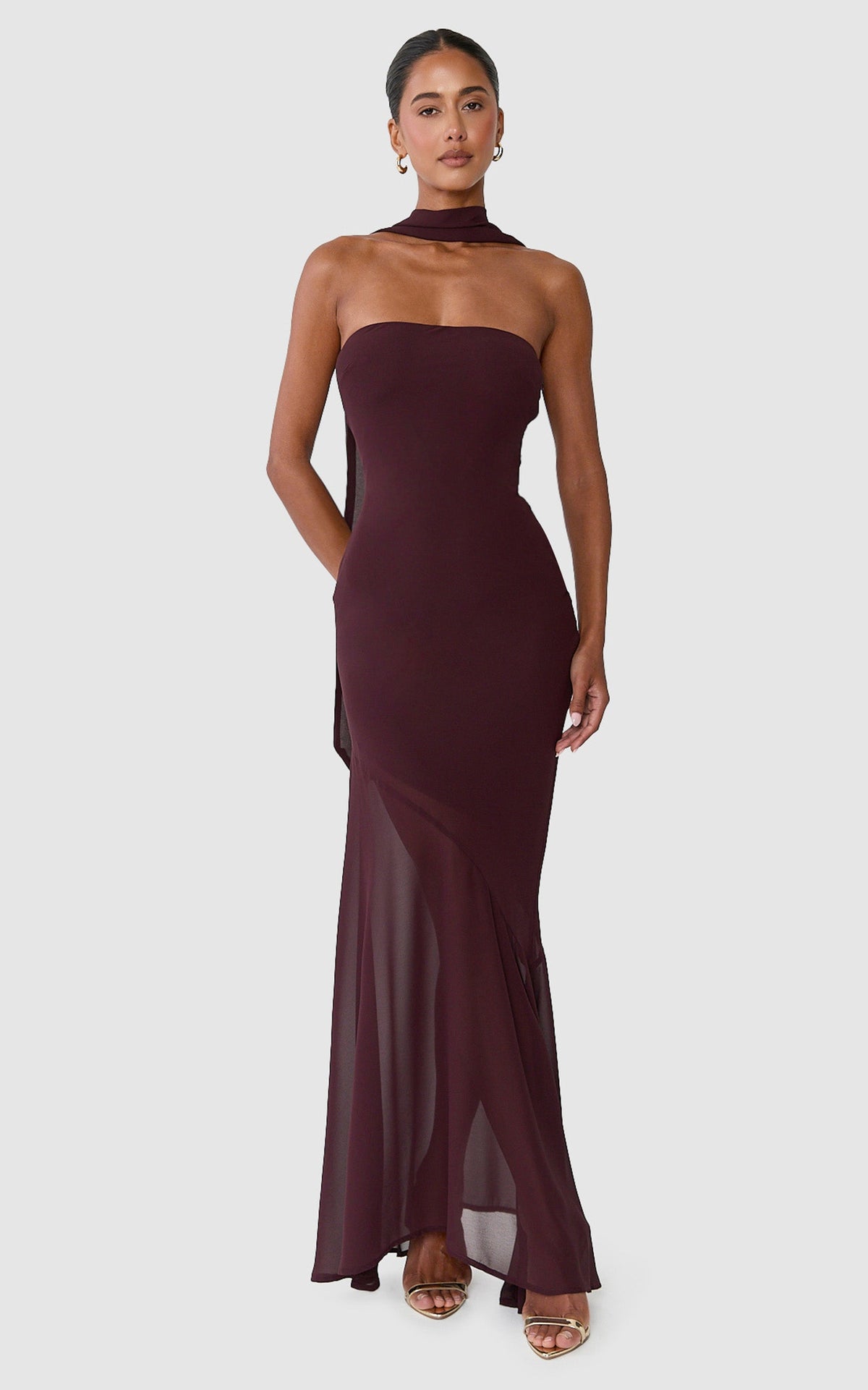 Angie Maxi Dress - Strapless Bias Column Dress with Scarf in Chocolate