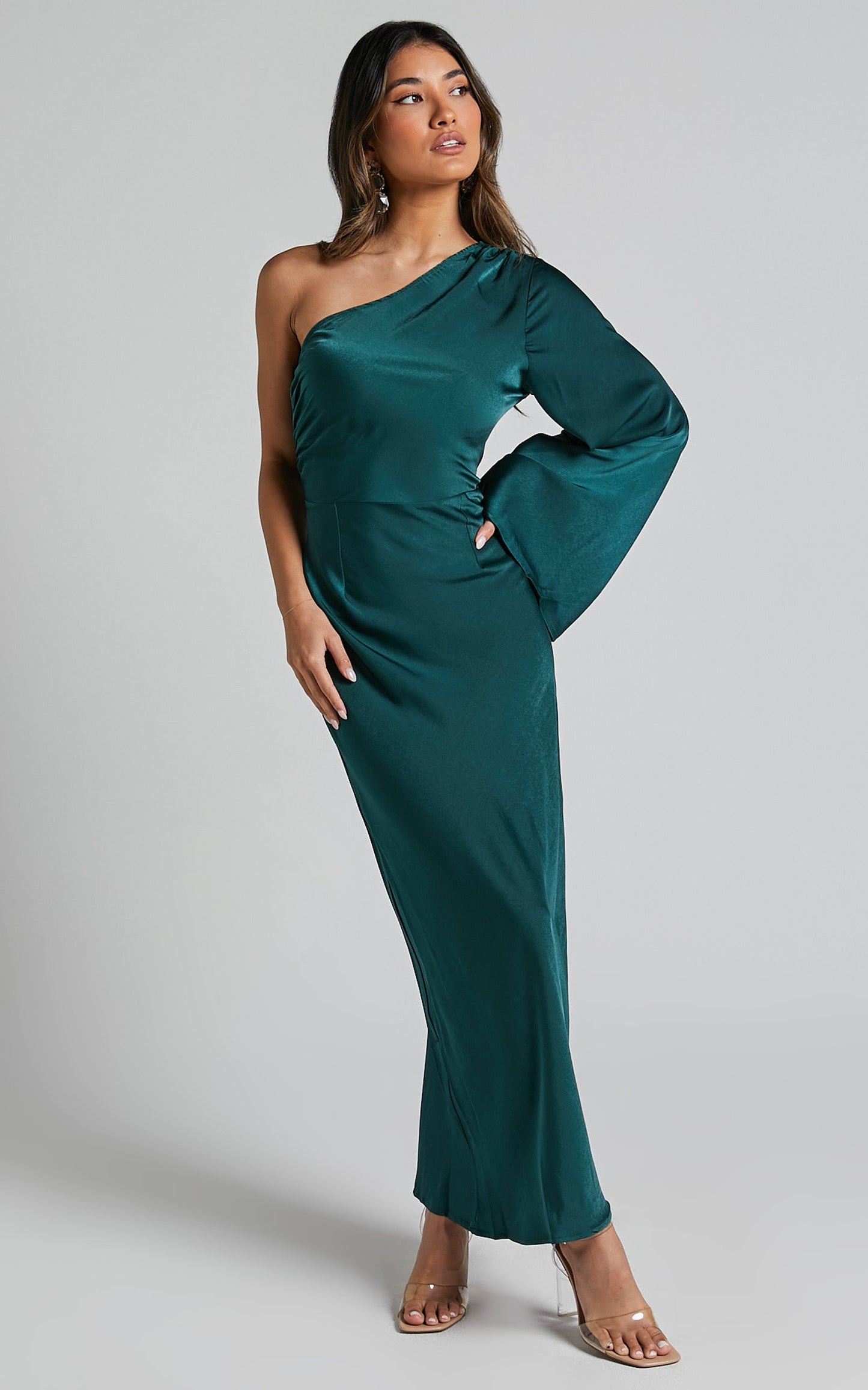 Angieta Maxi Dress - One Shoulder Long Sleeve Slip Dress in Emerald Green