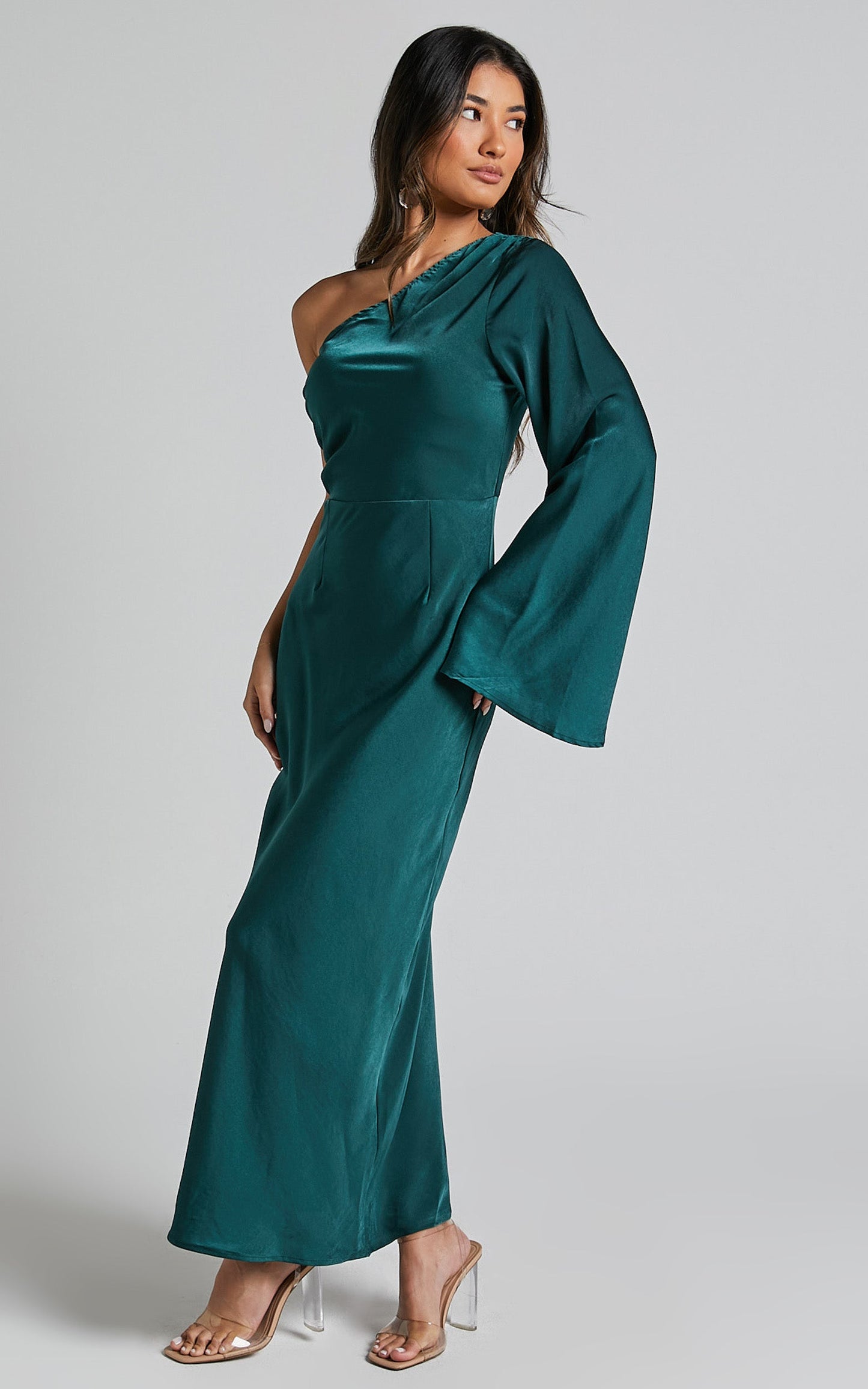 Angieta Maxi Dress - One Shoulder Long Sleeve Slip Dress in Emerald Green