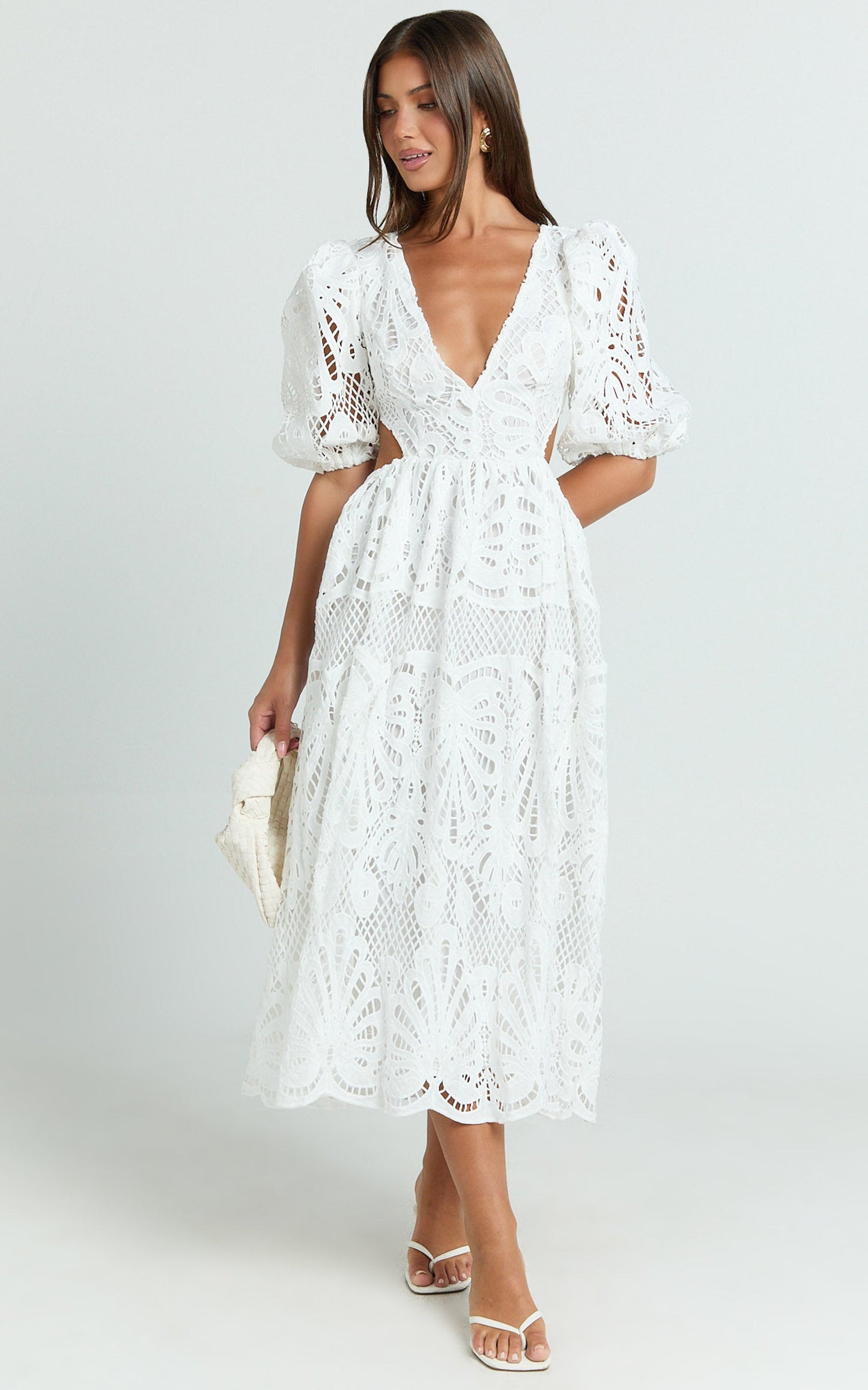 Anieshaya Midi Dress - V Neck Cut Out Lace Dress in White