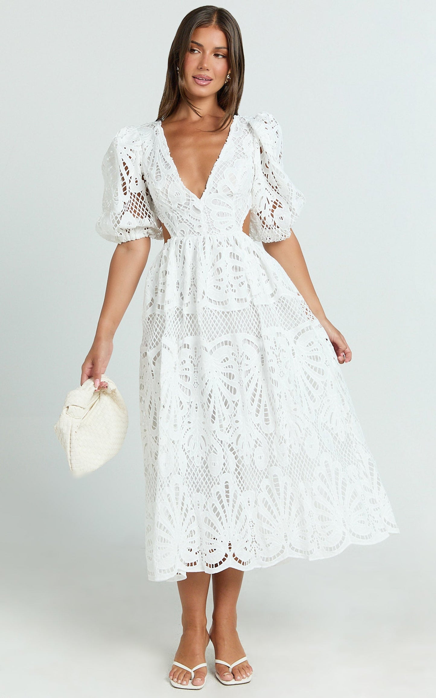 Anieshaya Midi Dress - V Neck Cut Out Lace Dress in White