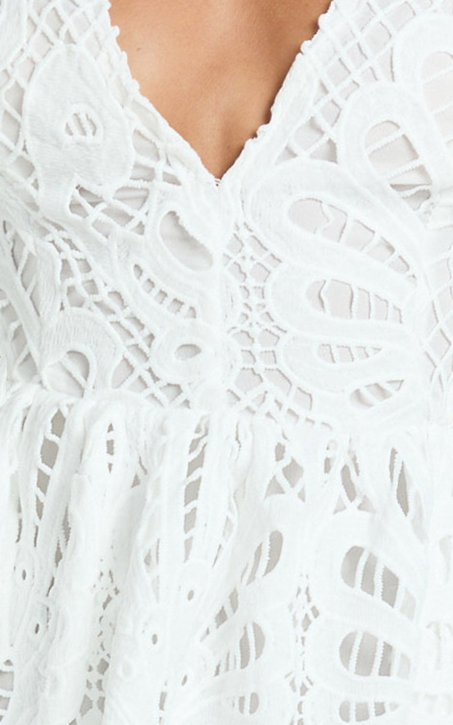 Anieshaya Midi Dress - V Neck Cut Out Lace Dress in White