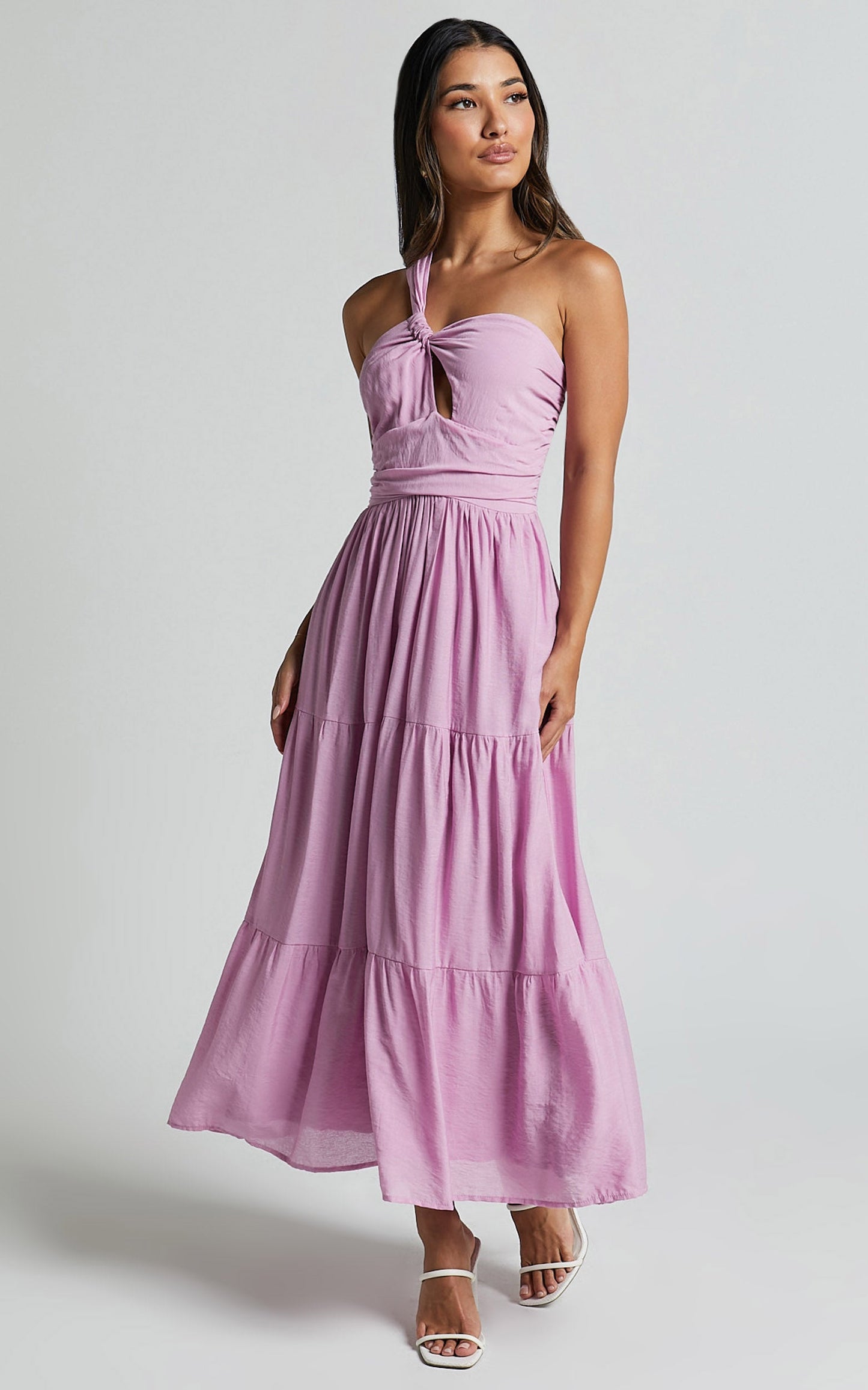 Aniston Midi Dress - One Shoulder Cut Out Front Tiered Dress in Lilac