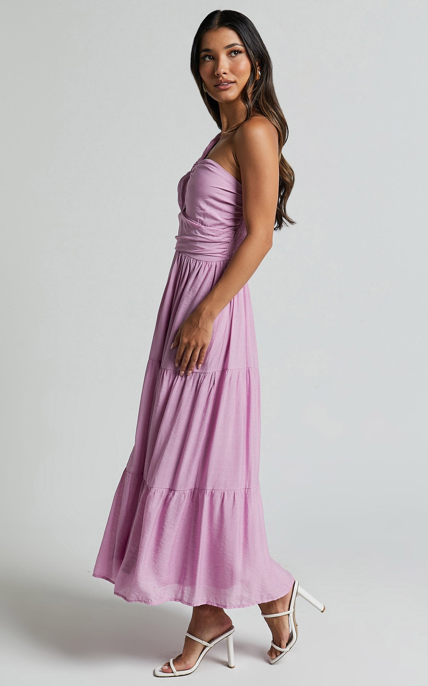 Aniston Midi Dress - One Shoulder Cut Out Front Tiered Dress in Lilac