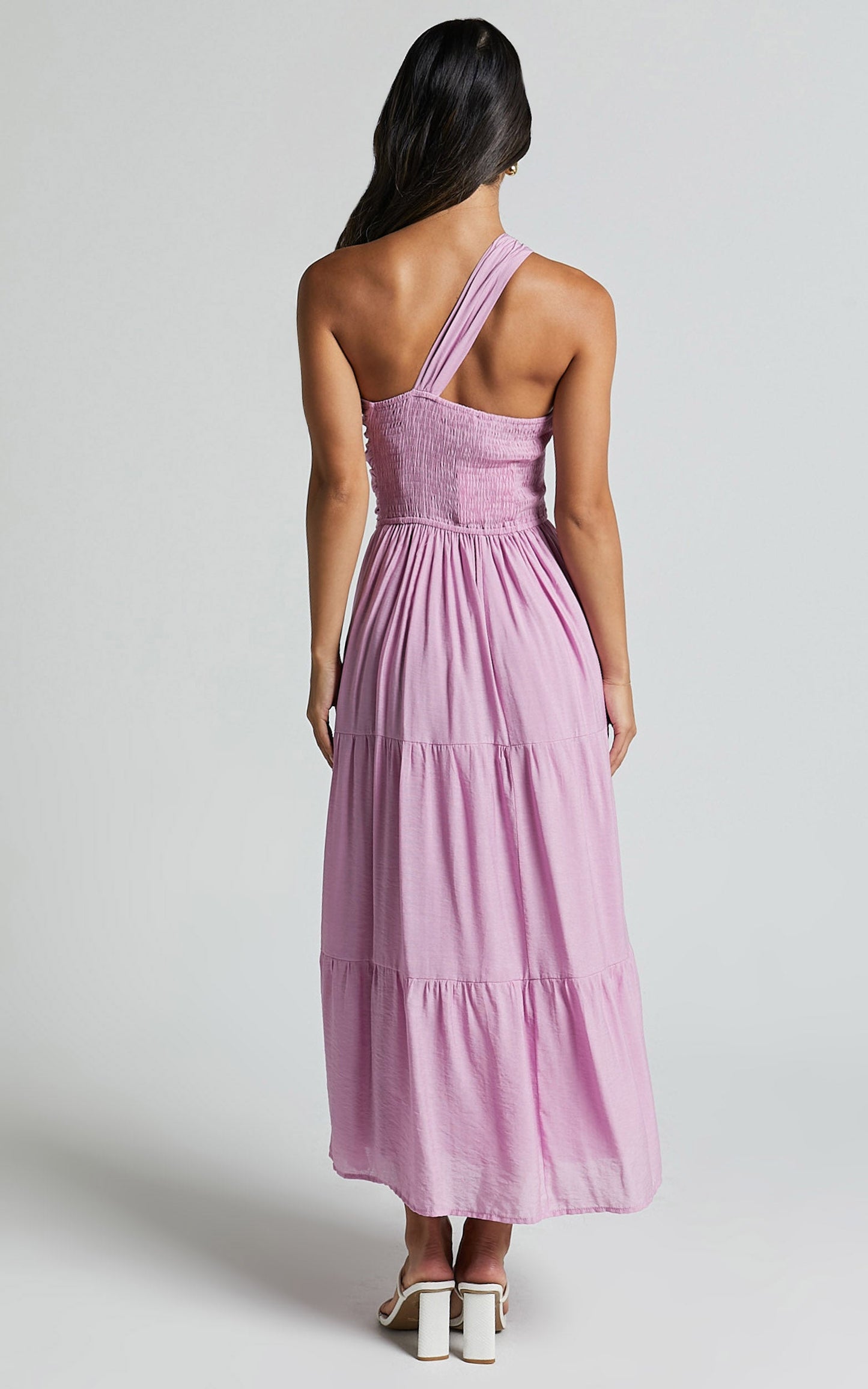 Aniston Midi Dress - One Shoulder Cut Out Front Tiered Dress in Lilac