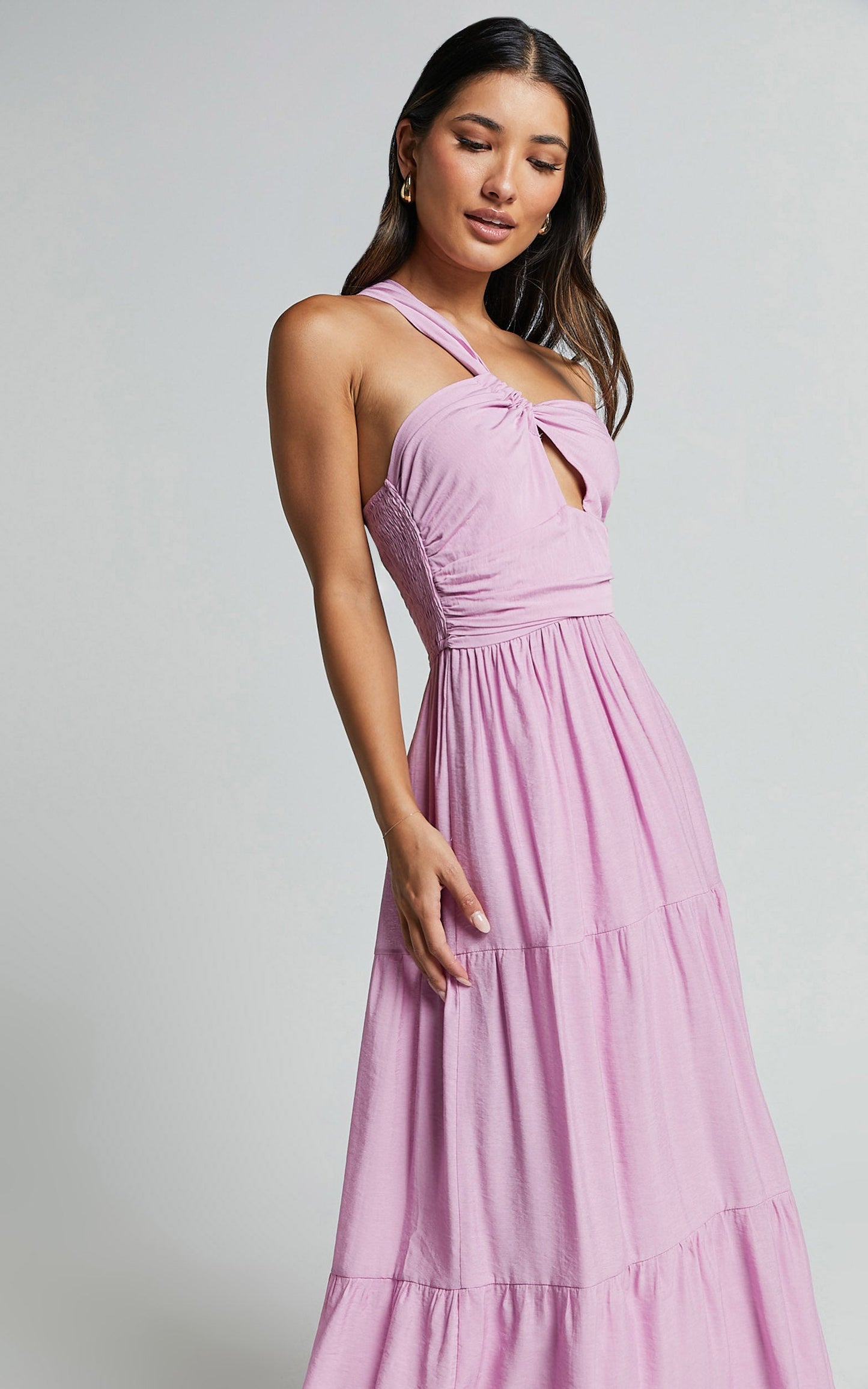 Aniston Midi Dress - One Shoulder Cut Out Front Tiered Dress in Lilac