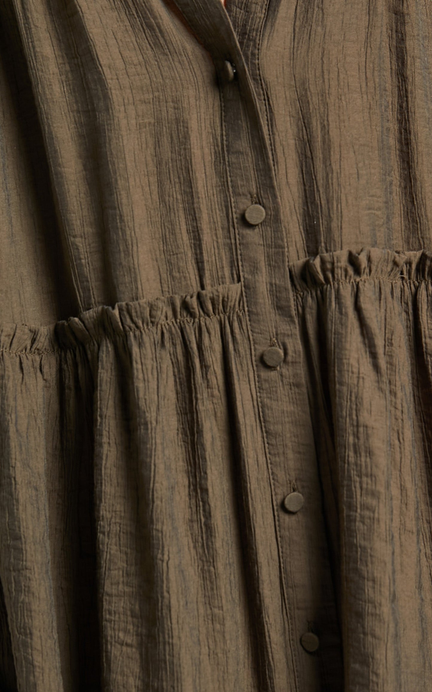 Aniston Mini Dress - Collared Button Through Short Puff Sleeve Tiered Dress in Khaki