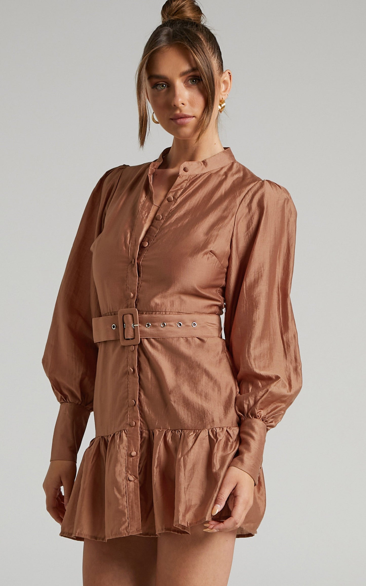 Aniyah Belted Long Sleeve Button Through Mini Dress in Rust