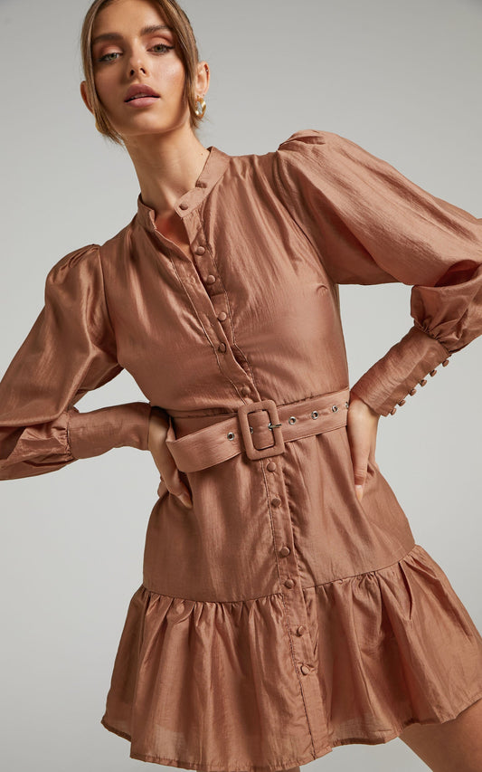 Aniyah Belted Long Sleeve Button Through Mini Dress in Rust