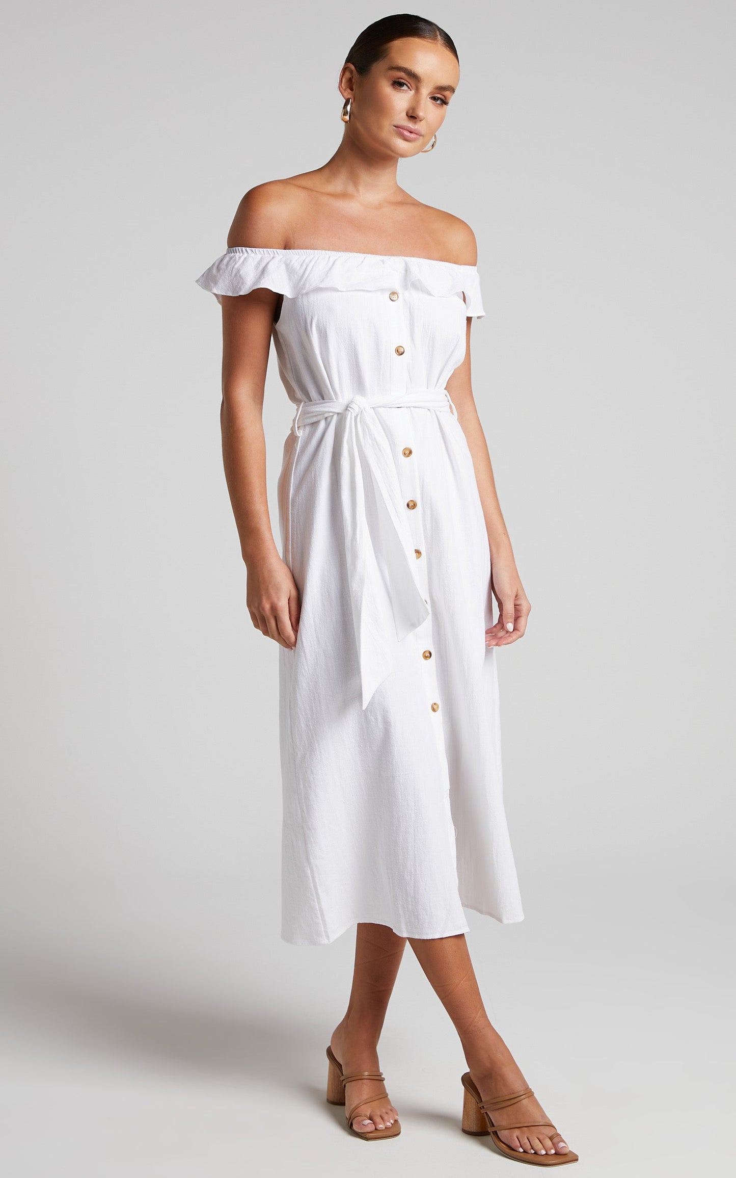 Anka Midi Dress - Off Shoulder Tie Waist Button Down Dress in White