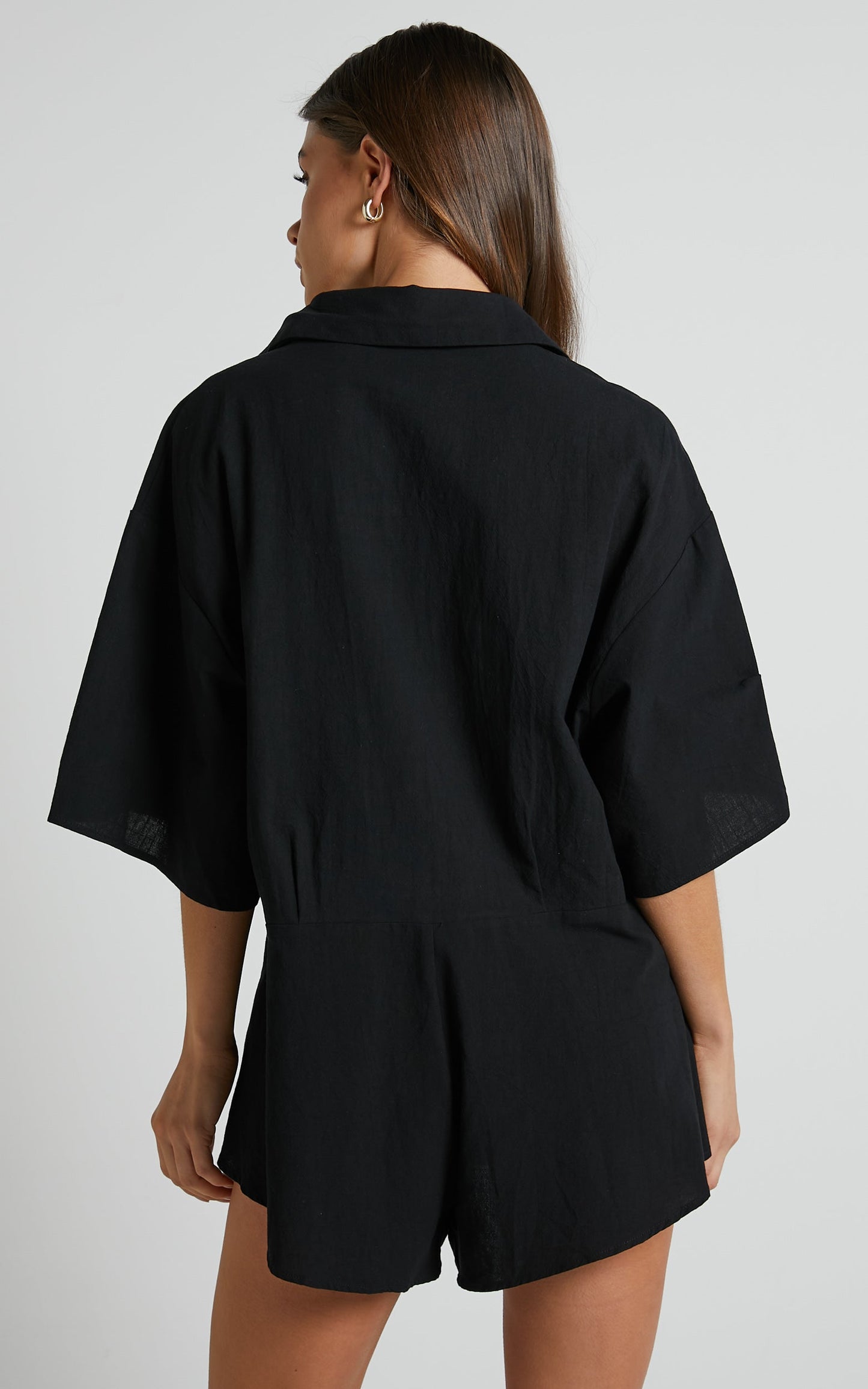 Ankana Playsuit - Short Sleeve Relaxed Button Front Playsuit in Black