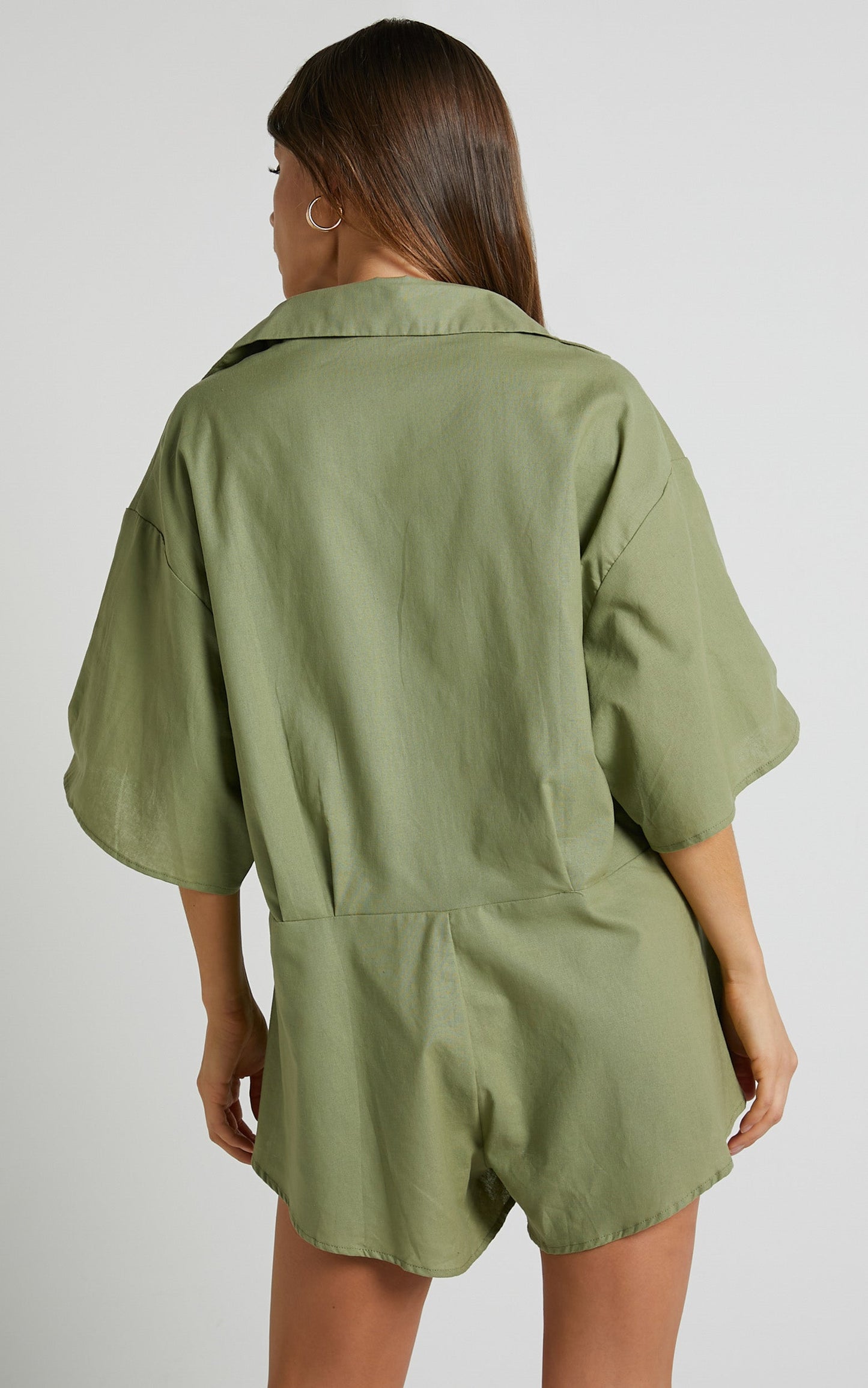 Ankana Playsuit - Short Sleeve Relaxed Button Front Playsuit in Light Olive