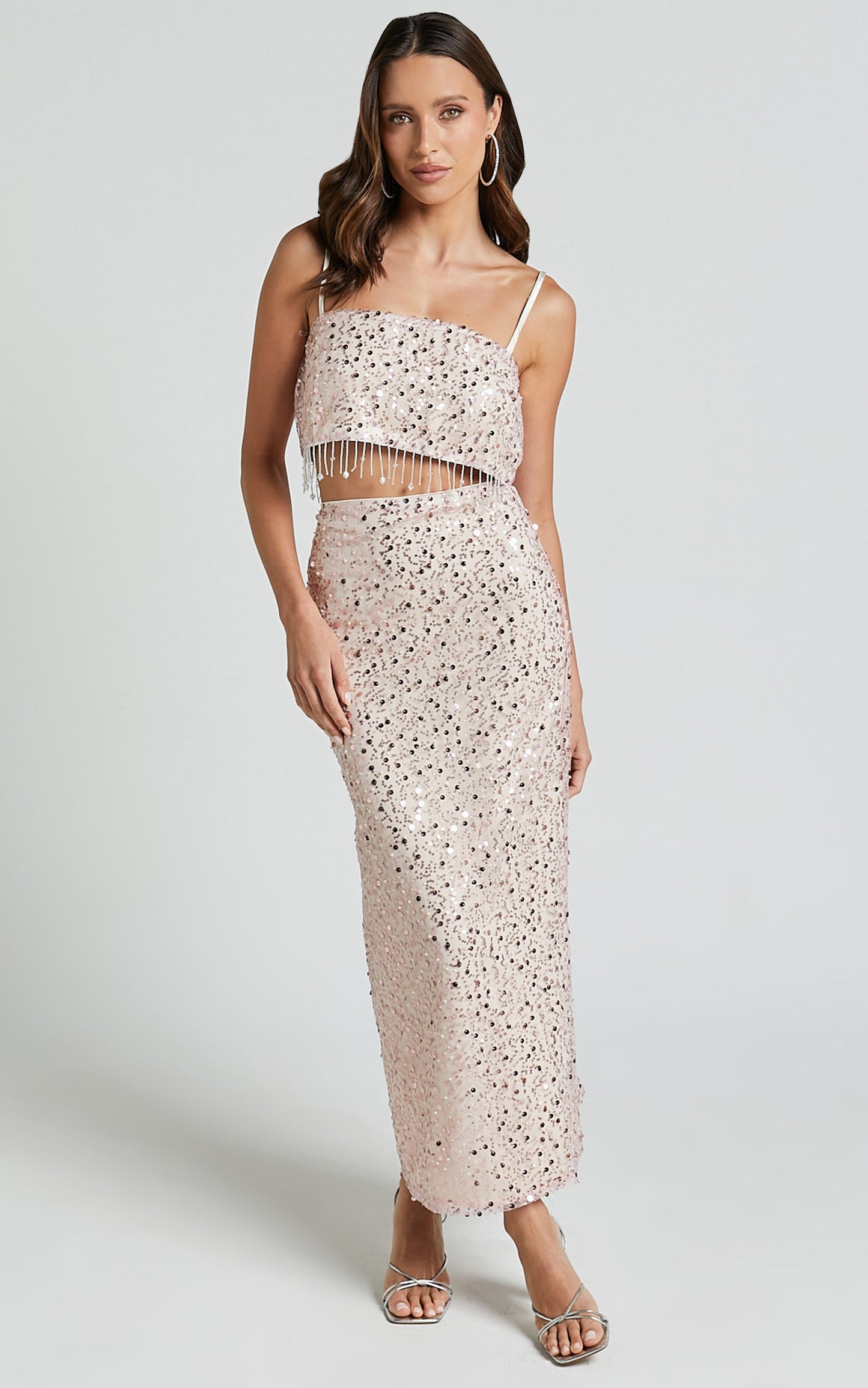 Anna Two Piece Set - Tassel Crop Top and Midi Skirt Sequin Set in Pale Pink