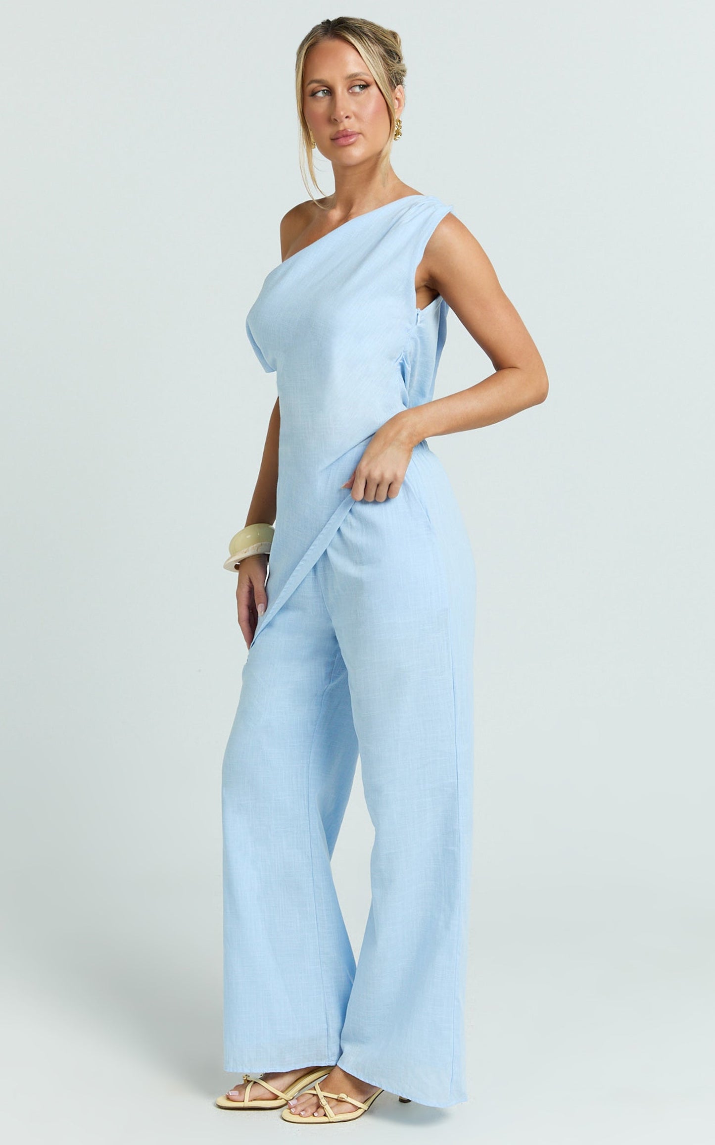 Annalie Two Piece Top and Pants Set - Off Shoulder Linen Set in Baby Blue