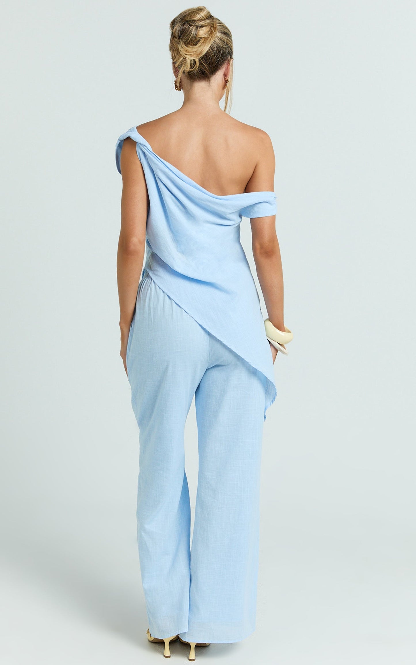 Annalie Two Piece Top and Pants Set - Off Shoulder Linen Set in Baby Blue
