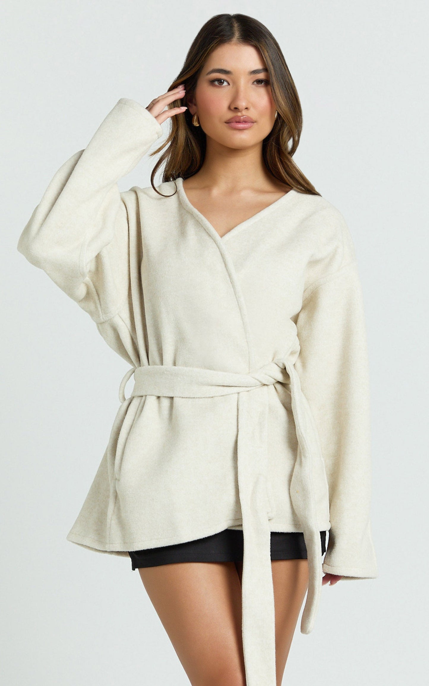 Annalise Jacket - Collarless Tie Waist Wool Look Jacket in Cream