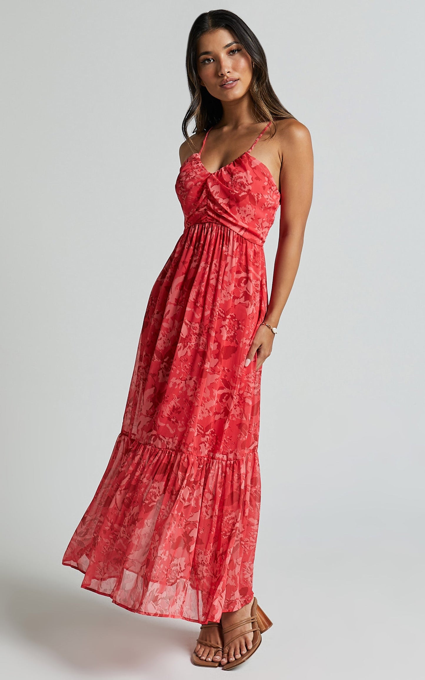 Antoinette Maxi Linen Blend Dress - Strappy V Neck Ruched Bust A Line Dress in Red Print
