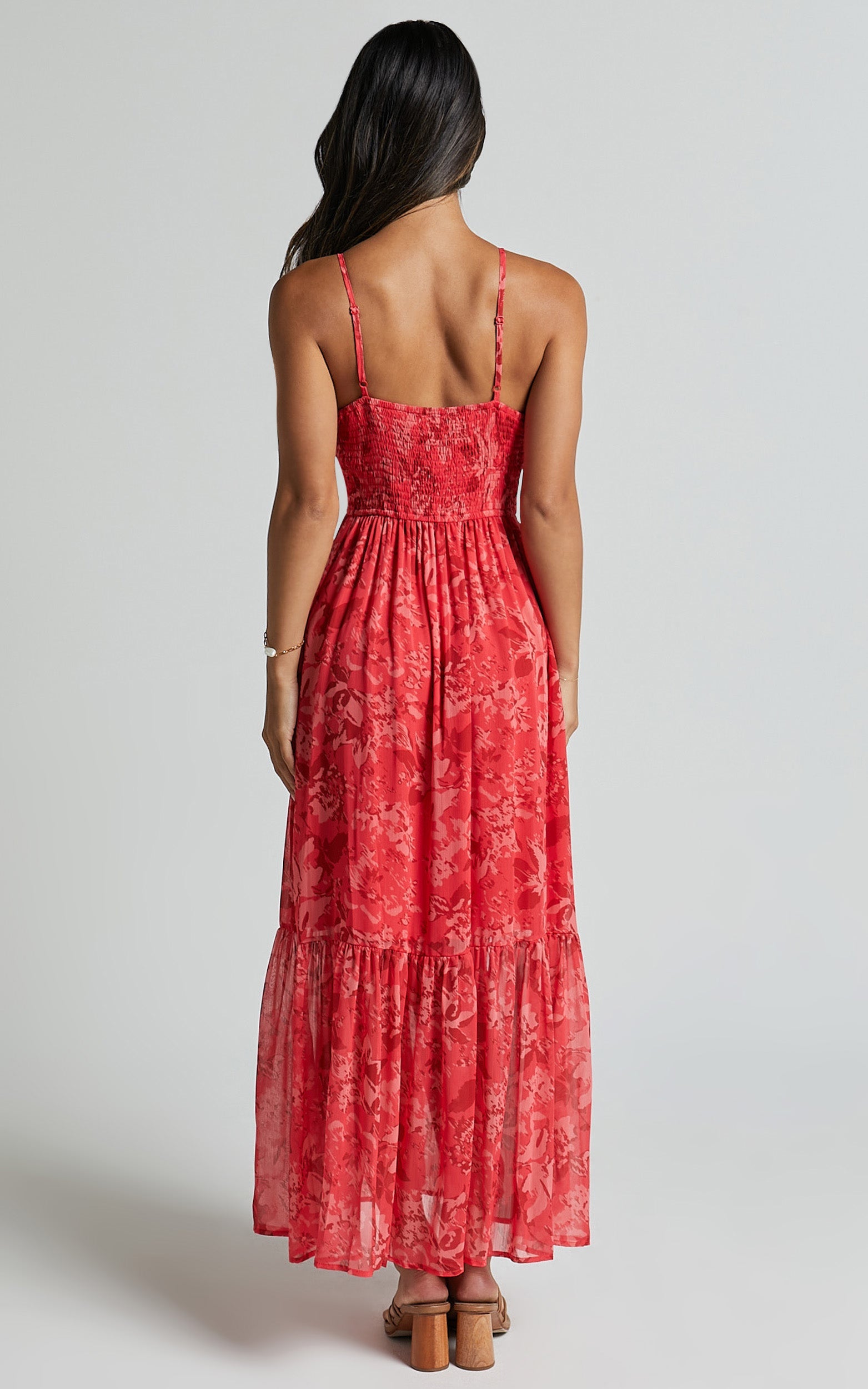 Antoinette Maxi Linen Blend Dress - Strappy V Neck Ruched Bust A Line Dress in Red Print