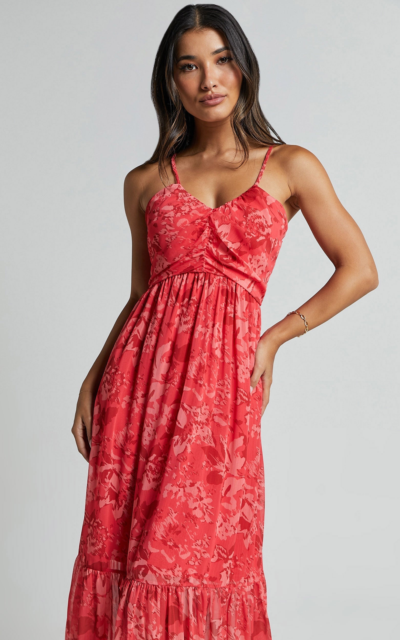 Antoinette Maxi Linen Blend Dress - Strappy V Neck Ruched Bust A Line Dress in Red Print
