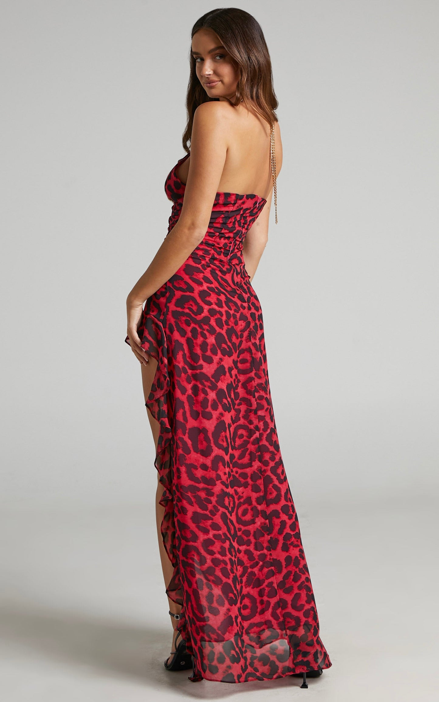 Antonina Printed Chain Halter Maxi Dress in Red