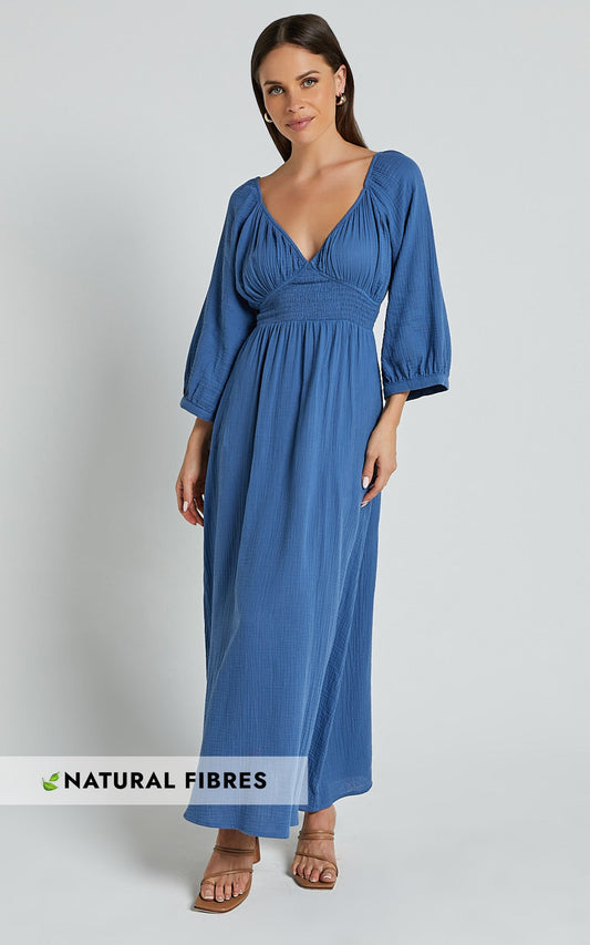 Anya Midi Dress - V Neck Long Sleeve Dress in Blue
