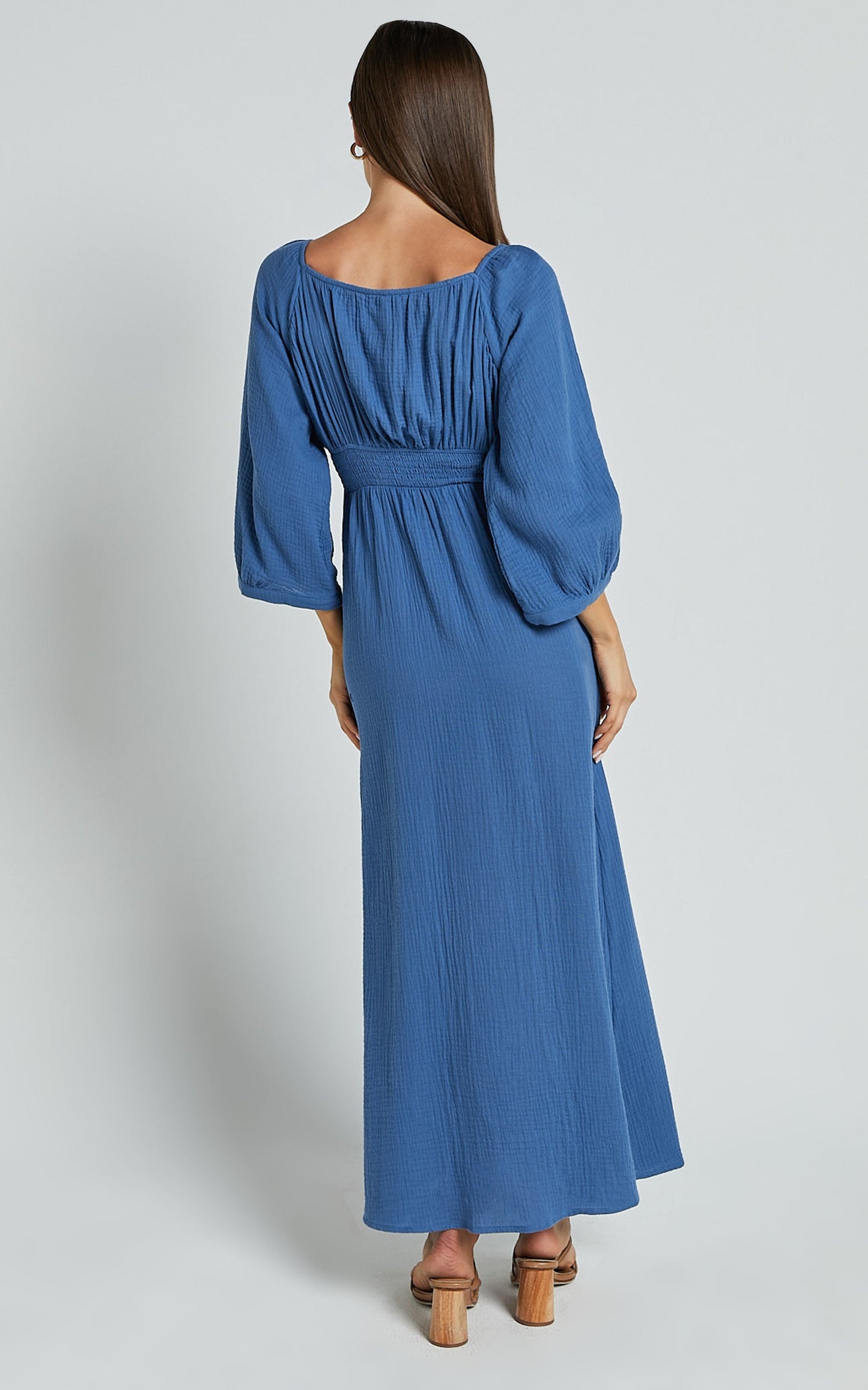 Anya Midi Dress - V Neck Long Sleeve Dress in Blue