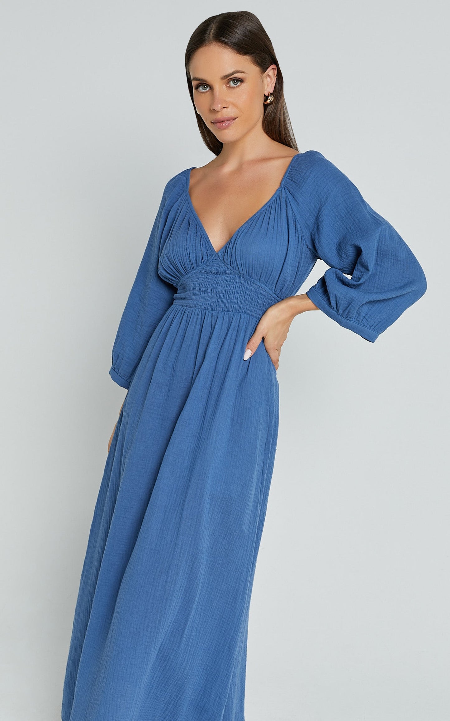 Anya Midi Dress - V Neck Long Sleeve Dress in Blue