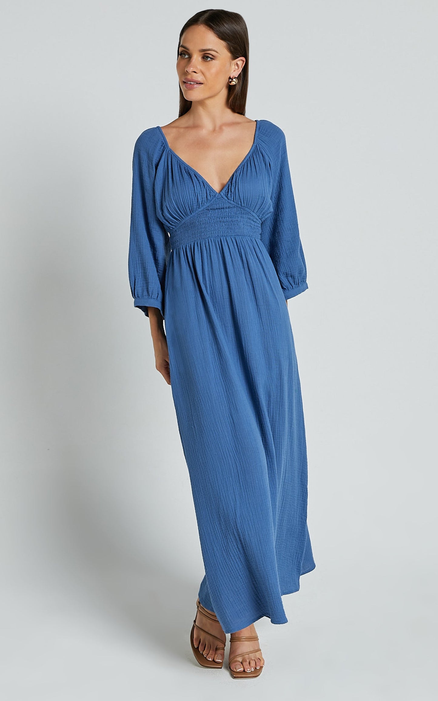 Anya Midi Dress - V Neck Long Sleeve Dress in Blue