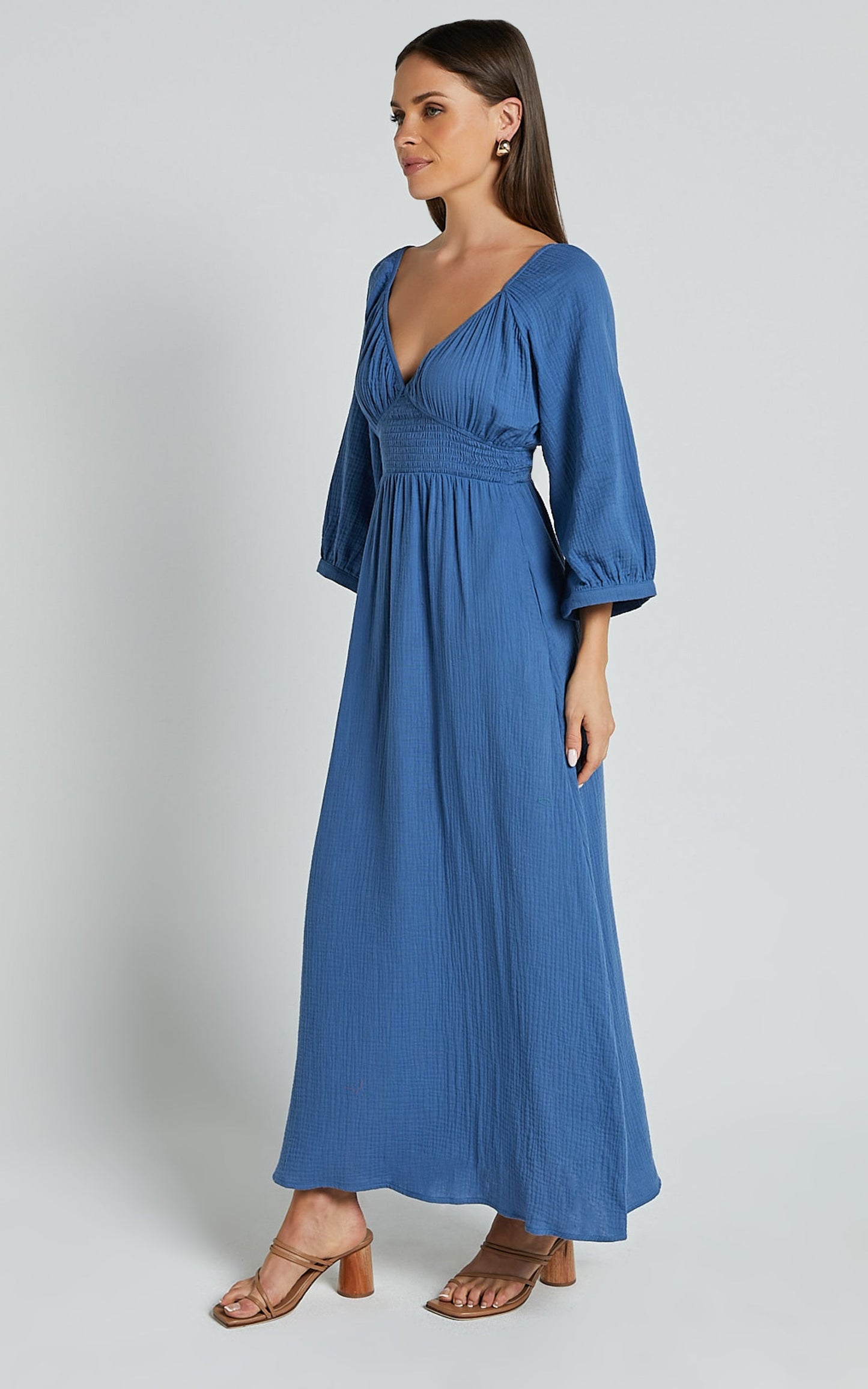 Anya Midi Dress - V Neck Long Sleeve Dress in Blue