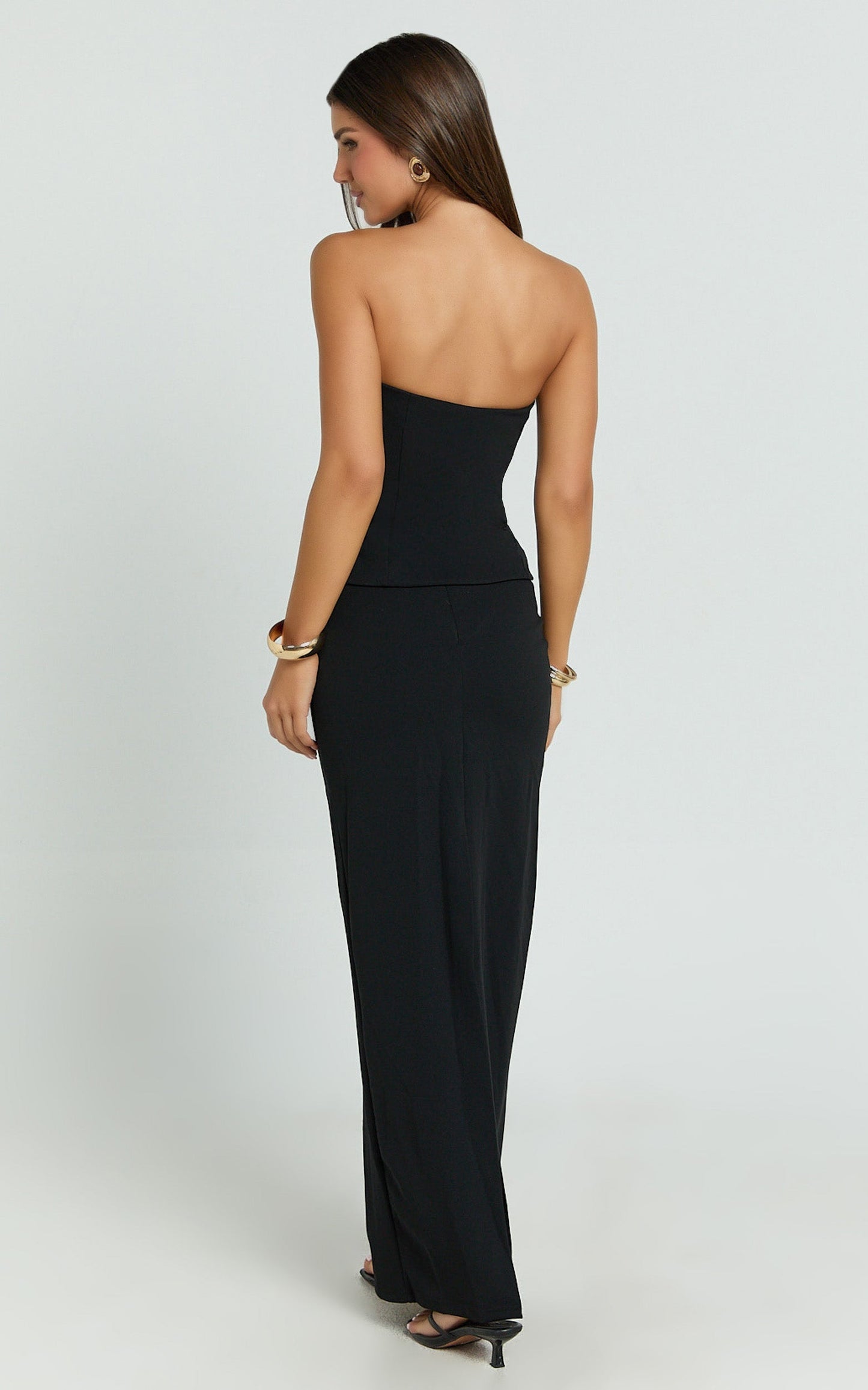 Anya Two Piece Top and Skirt Set - Strapless Fit And Flare Top And Maxi Skirt in Black