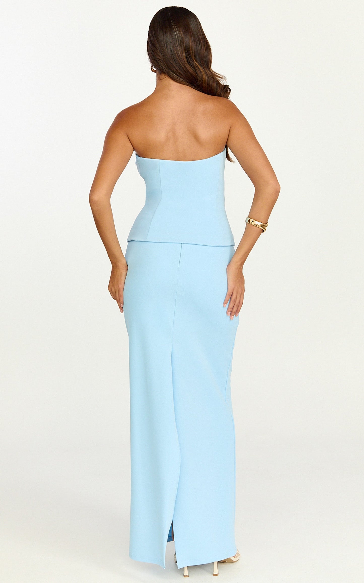 Anya Two Piece Top and Skirt Set - Strapless Fit And Flare Top And Maxi Skirt in Blue