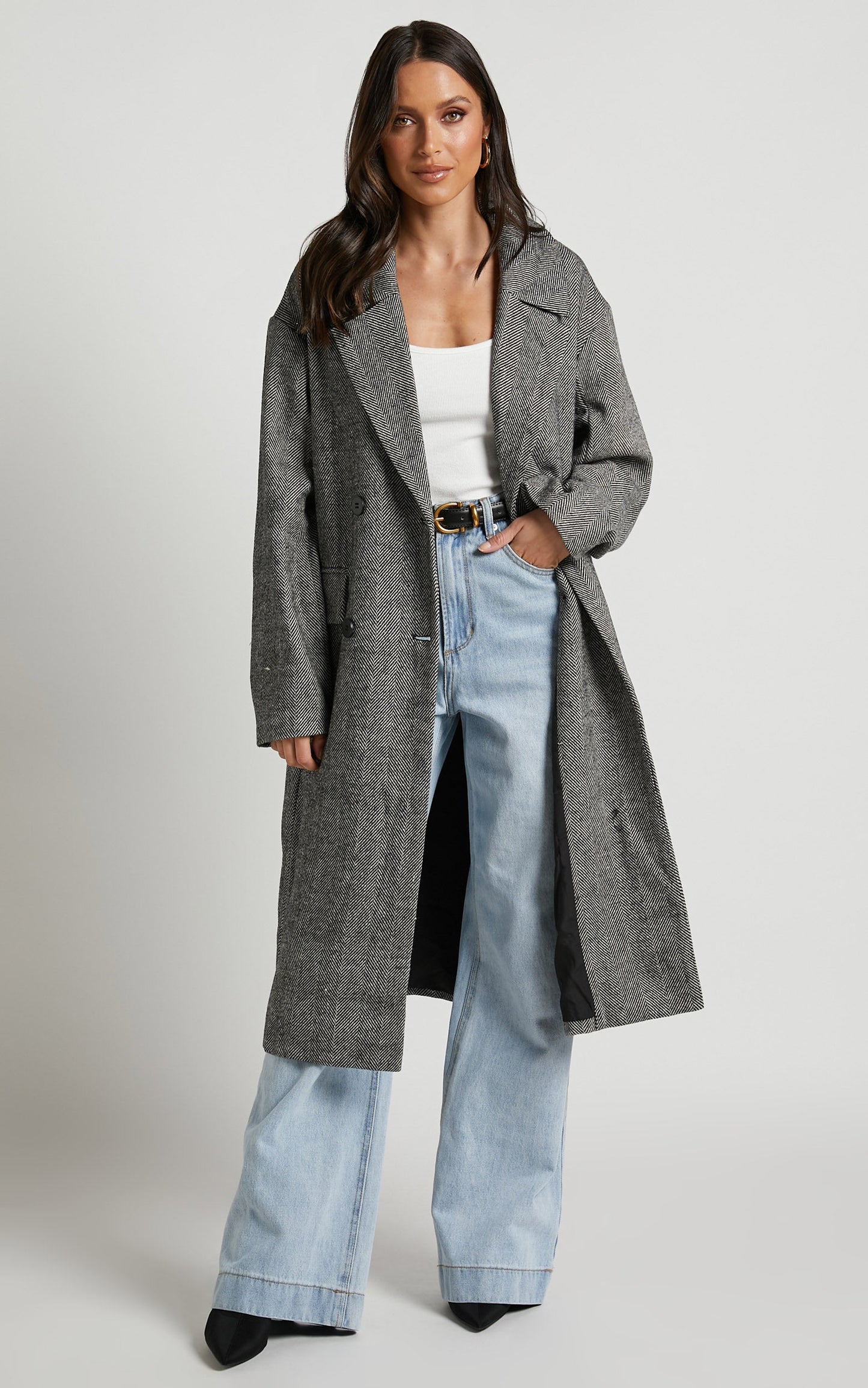 Anzelle Coat - Double Breasted Longling Herringbone Coat in Black and White Herringbone