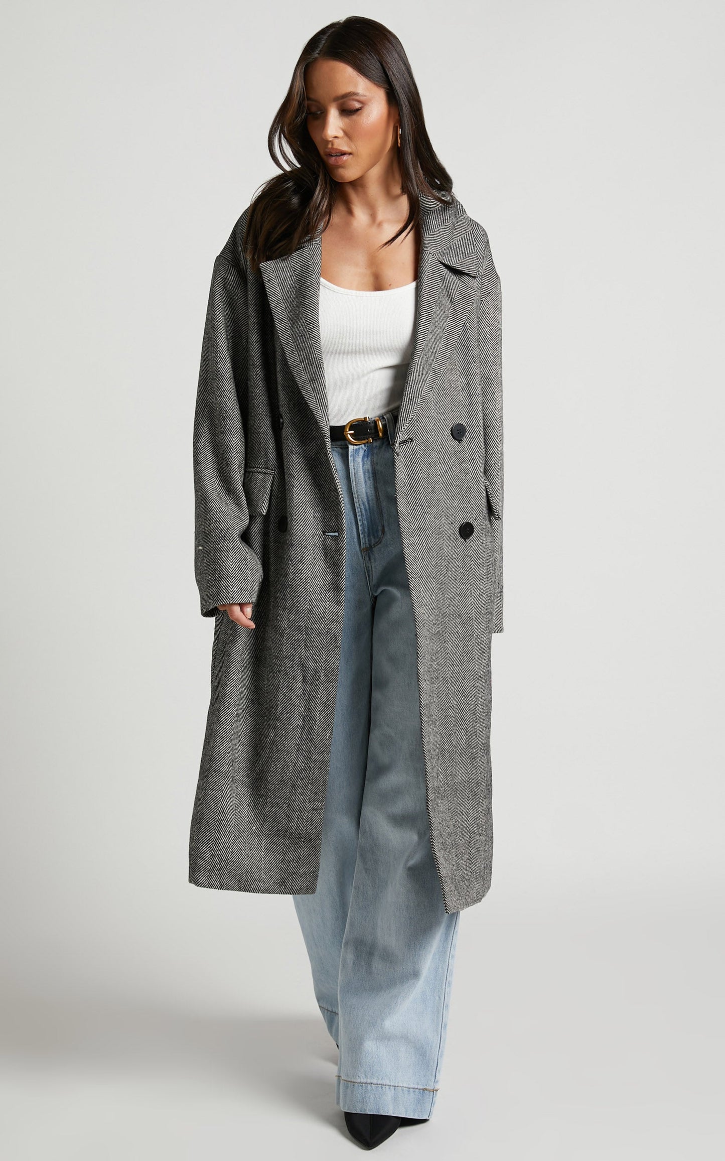 Anzelle Coat - Double Breasted Longling Herringbone Coat in Black and White Herringbone
