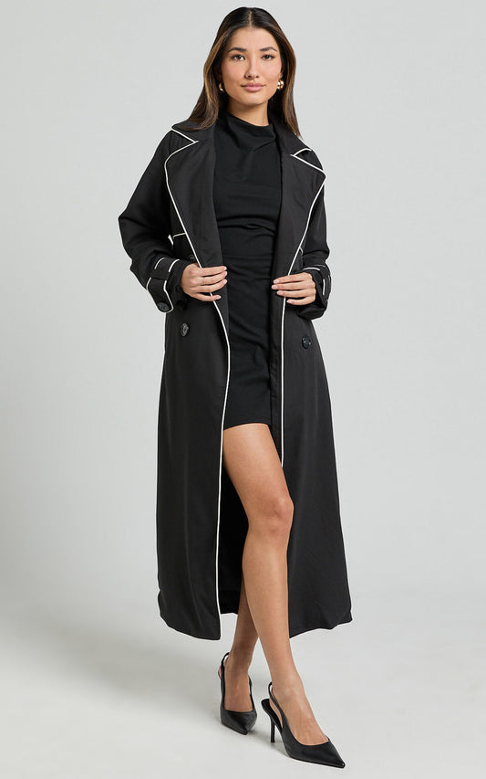 Anziel Coat - Double Breasted Longline Coat in Black