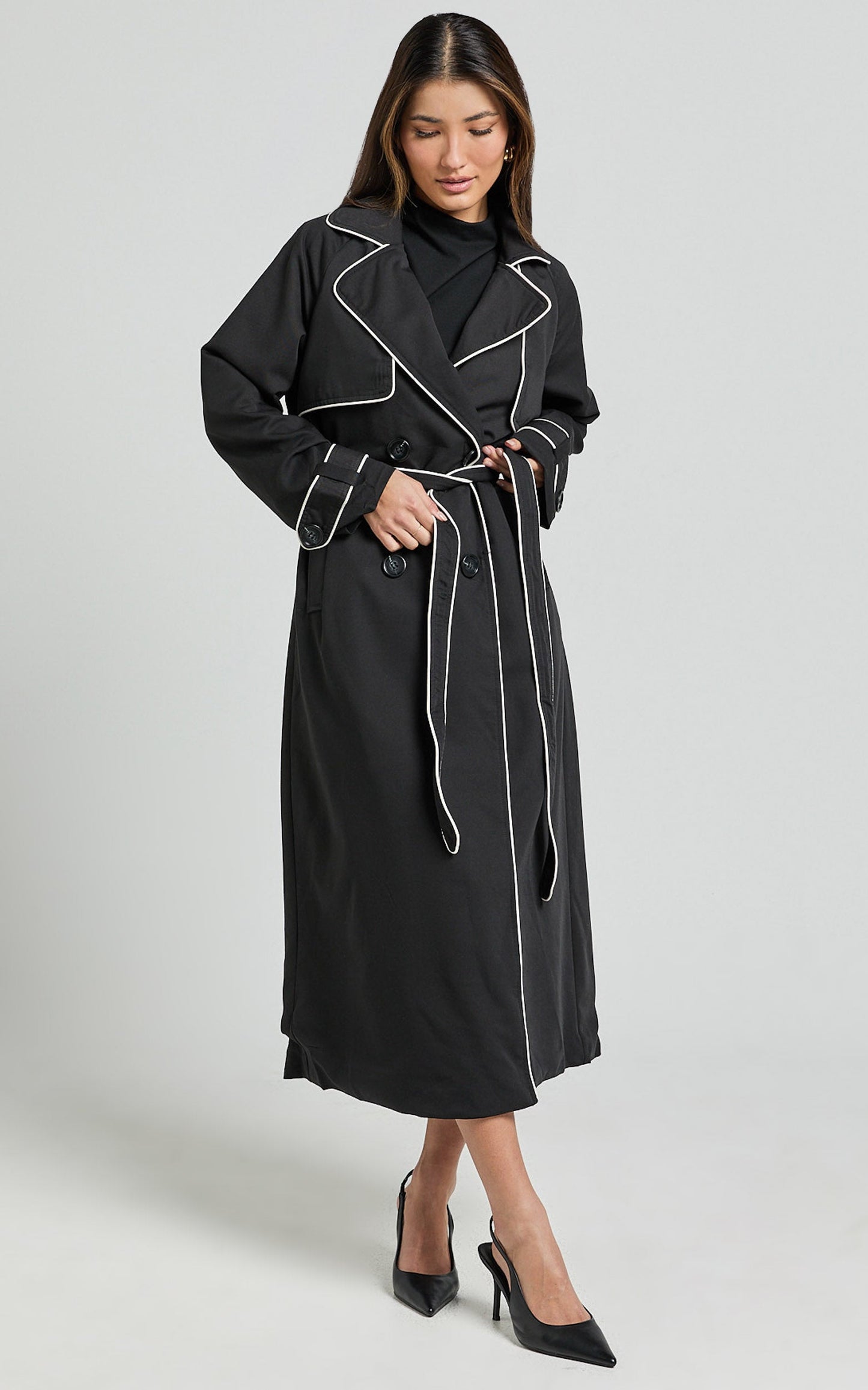 Anziel Coat - Double Breasted Longline Coat in Black