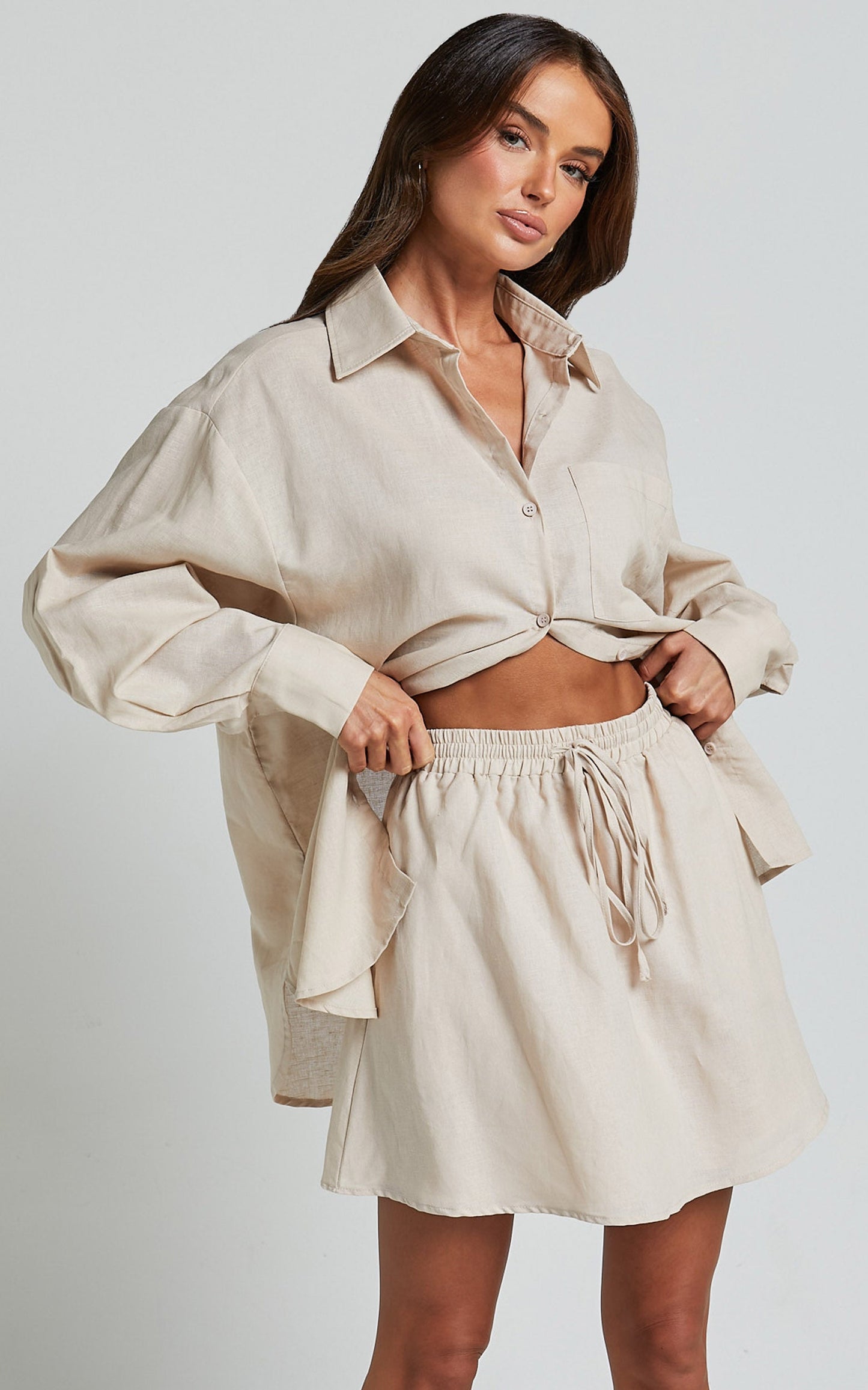 Sharai Mini Skirt - Linen High Waisted Drawstring Skirt in Oatmeal