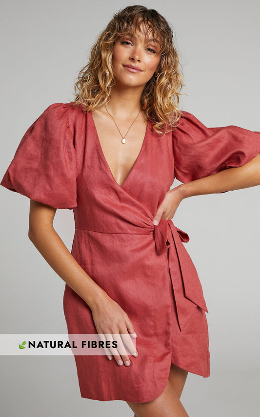 Amalie The Label - Apolline Linen Puff Sleeve Wrap Mini Linen Dress in Dusty Rose