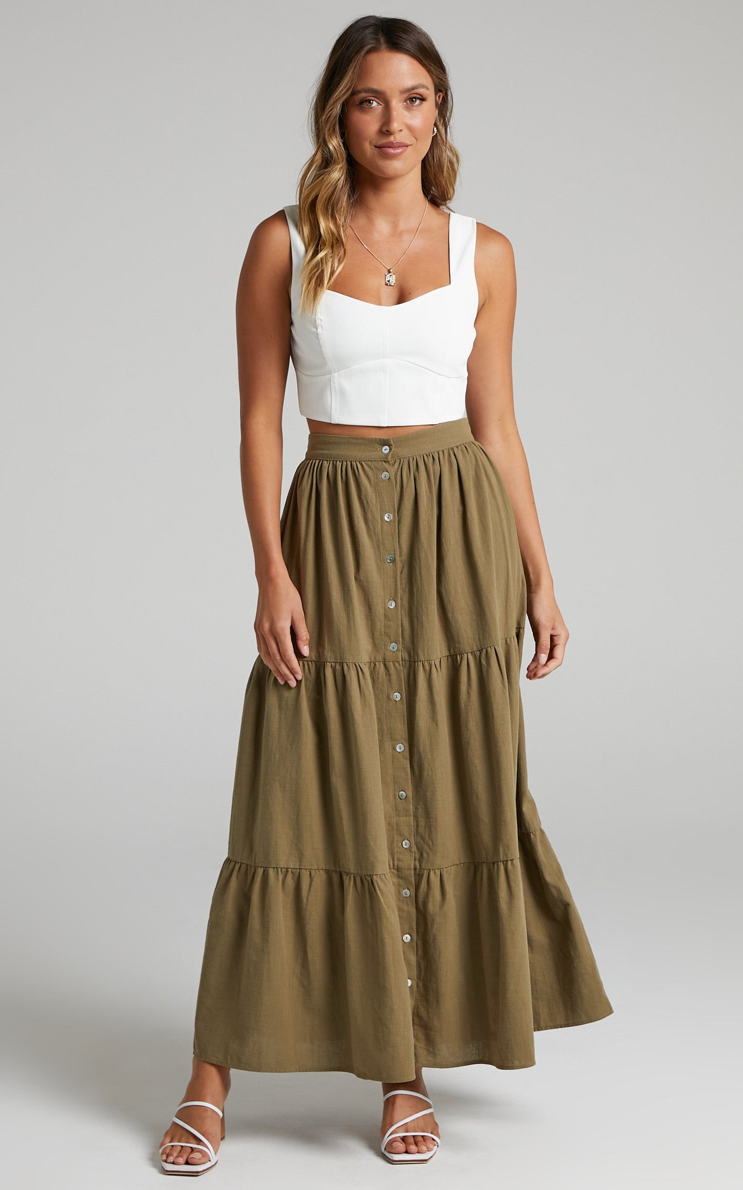 Arabella Tiered Button Front Maxi Skirt in Khaki
