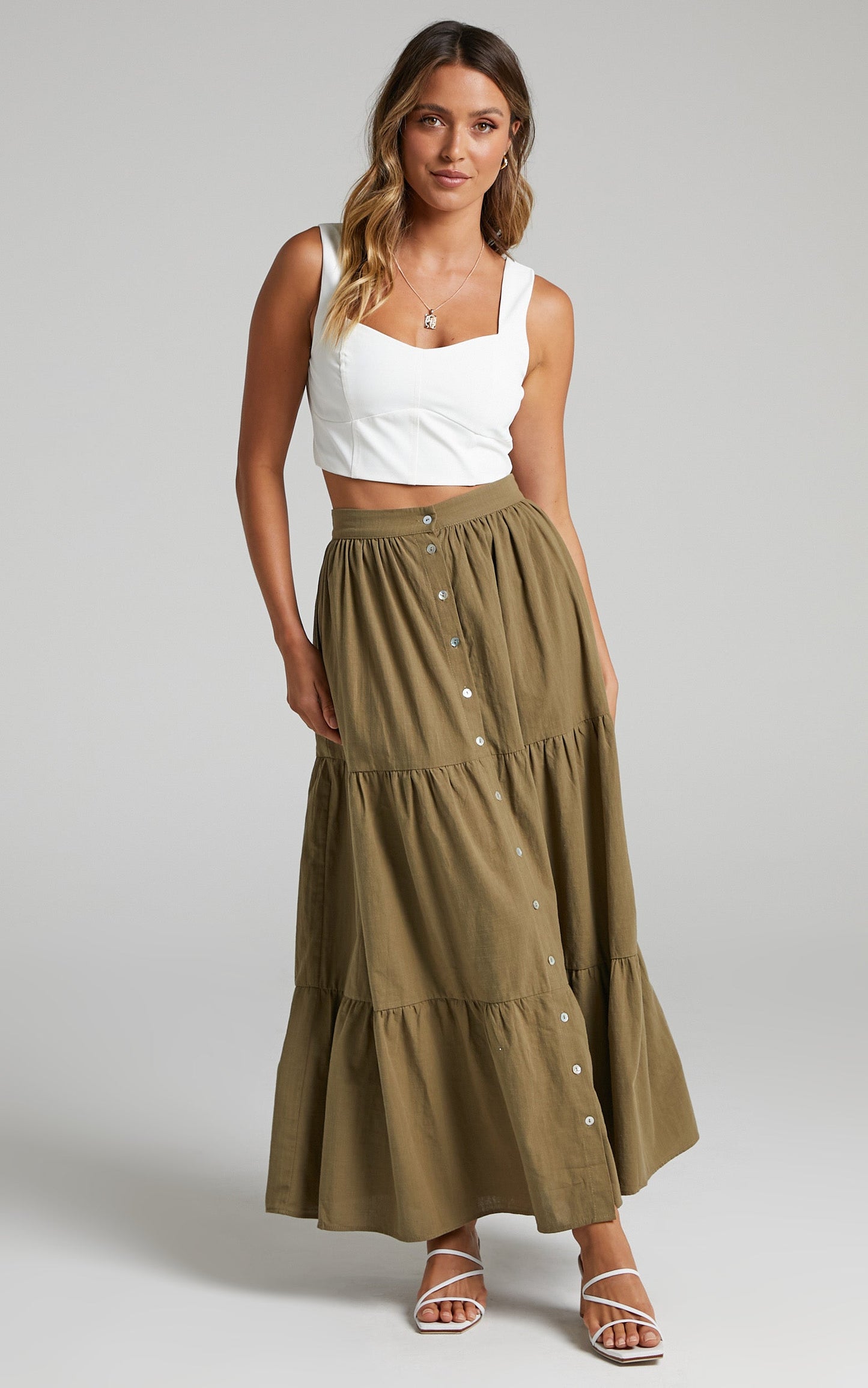 Arabella Tiered Button Front Maxi Skirt in Khaki