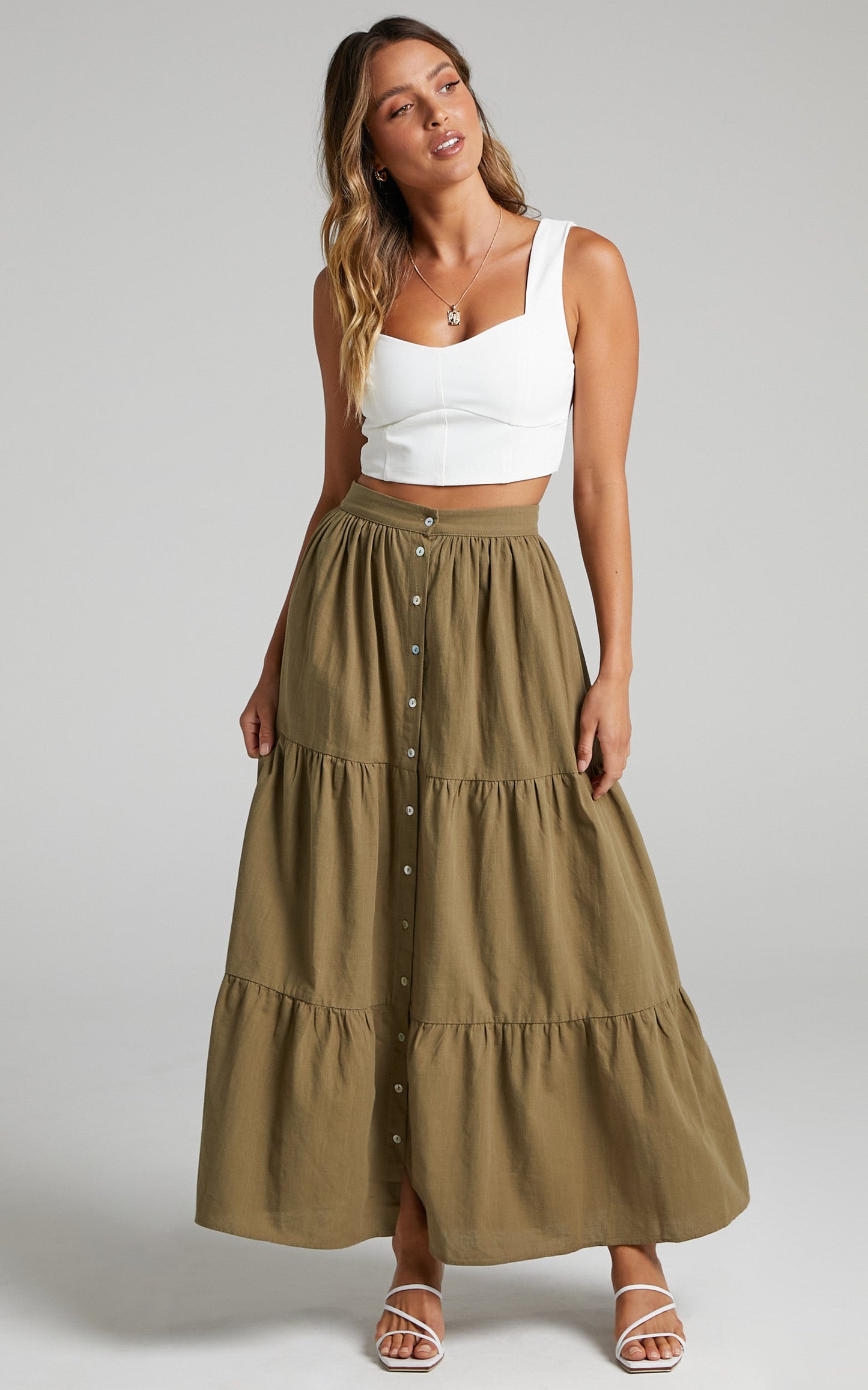 Arabella Tiered Button Front Maxi Skirt in Khaki