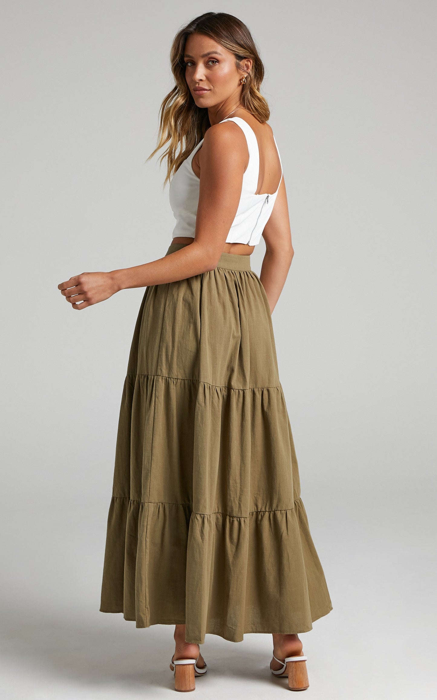 Arabella Tiered Button Front Maxi Skirt in Khaki