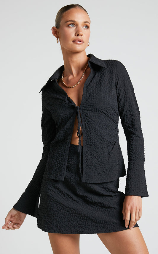 Arabelle Two Piece Set - Tie Front Long Sleeve Top and Mini Skirt in Black