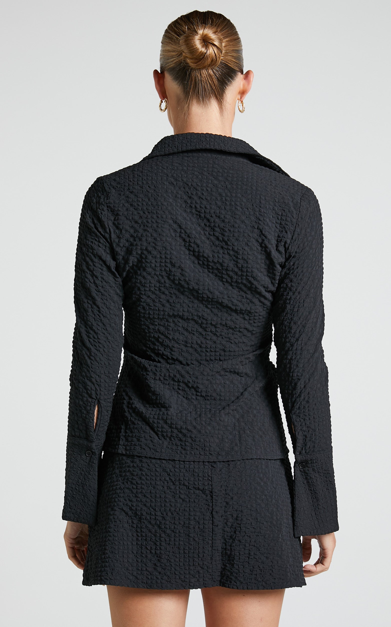 Arabelle Two Piece Set - Tie Front Long Sleeve Top and Mini Skirt in Black