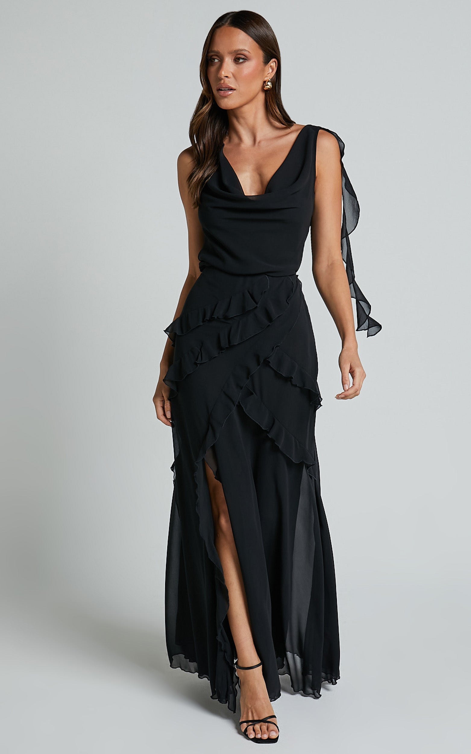 Arbor Top - Cowl Neck Ruffle Satin Top in Black
