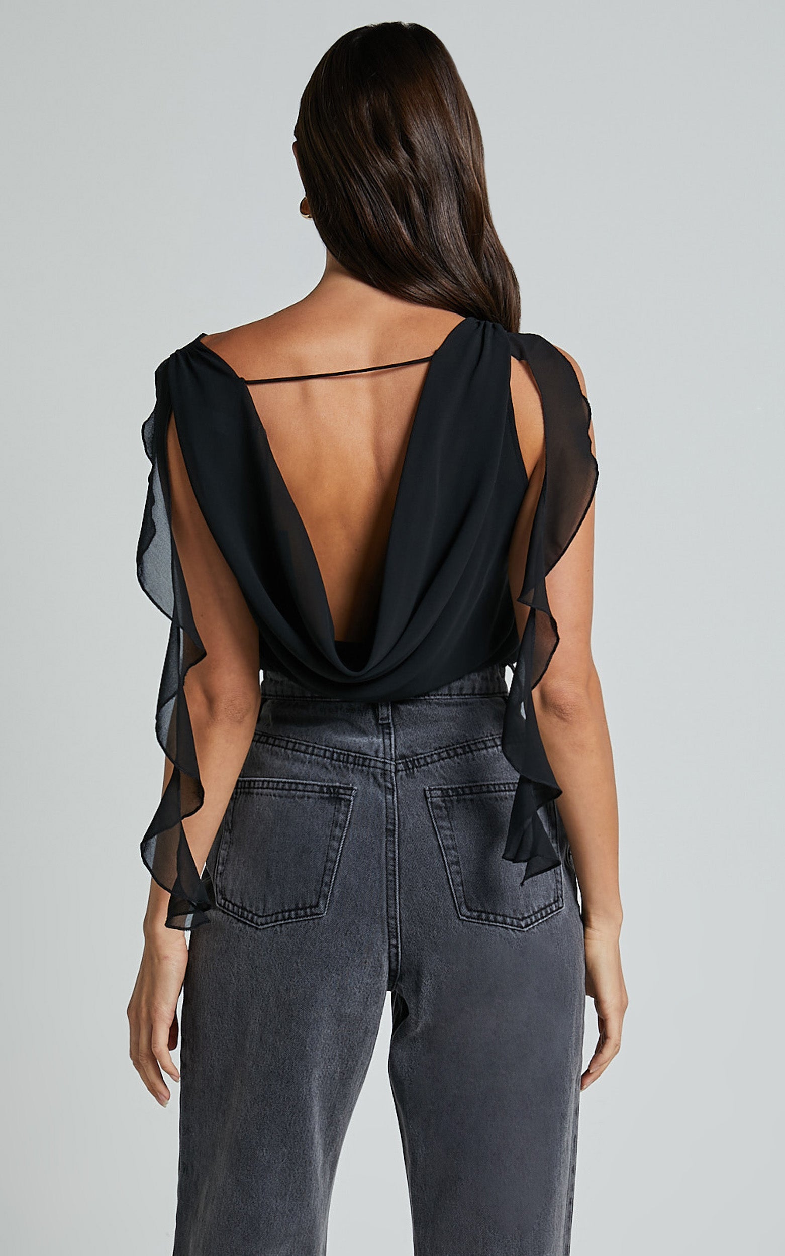 Arbor Top - Cowl Neck Ruffle Satin Top in Black