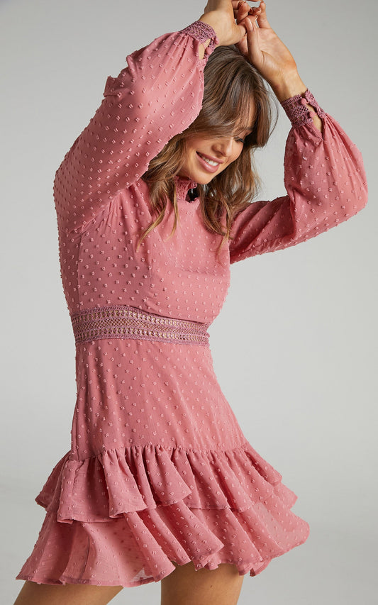 Are You Gonna Kiss Me Mini Dress - Cuffed Long Sleeve Dress in Dusty Rose