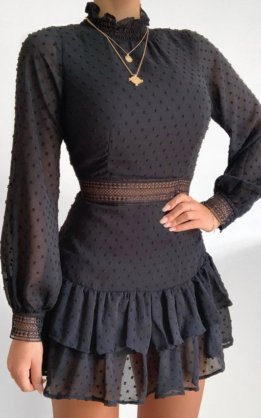 Are You Gonna Kiss Me Mini Dress - Cuffed Long Sleeve Dress in Black