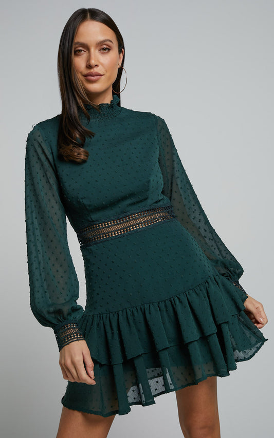 Are You Gonna Kiss Me Mini Dress - Cuffed Long Sleeve Dress in Emerald